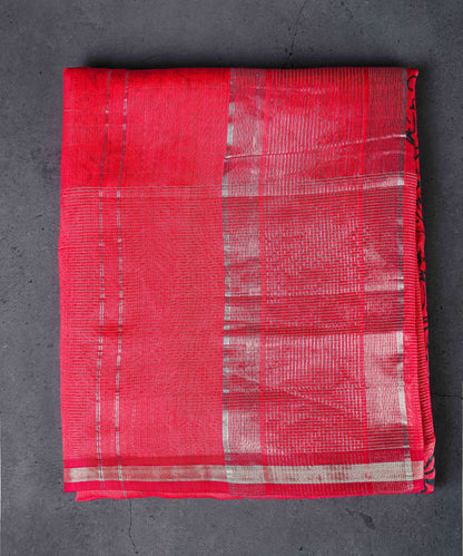 Cotton silk, block print dupatta with silver zari border, color-Dark Pink