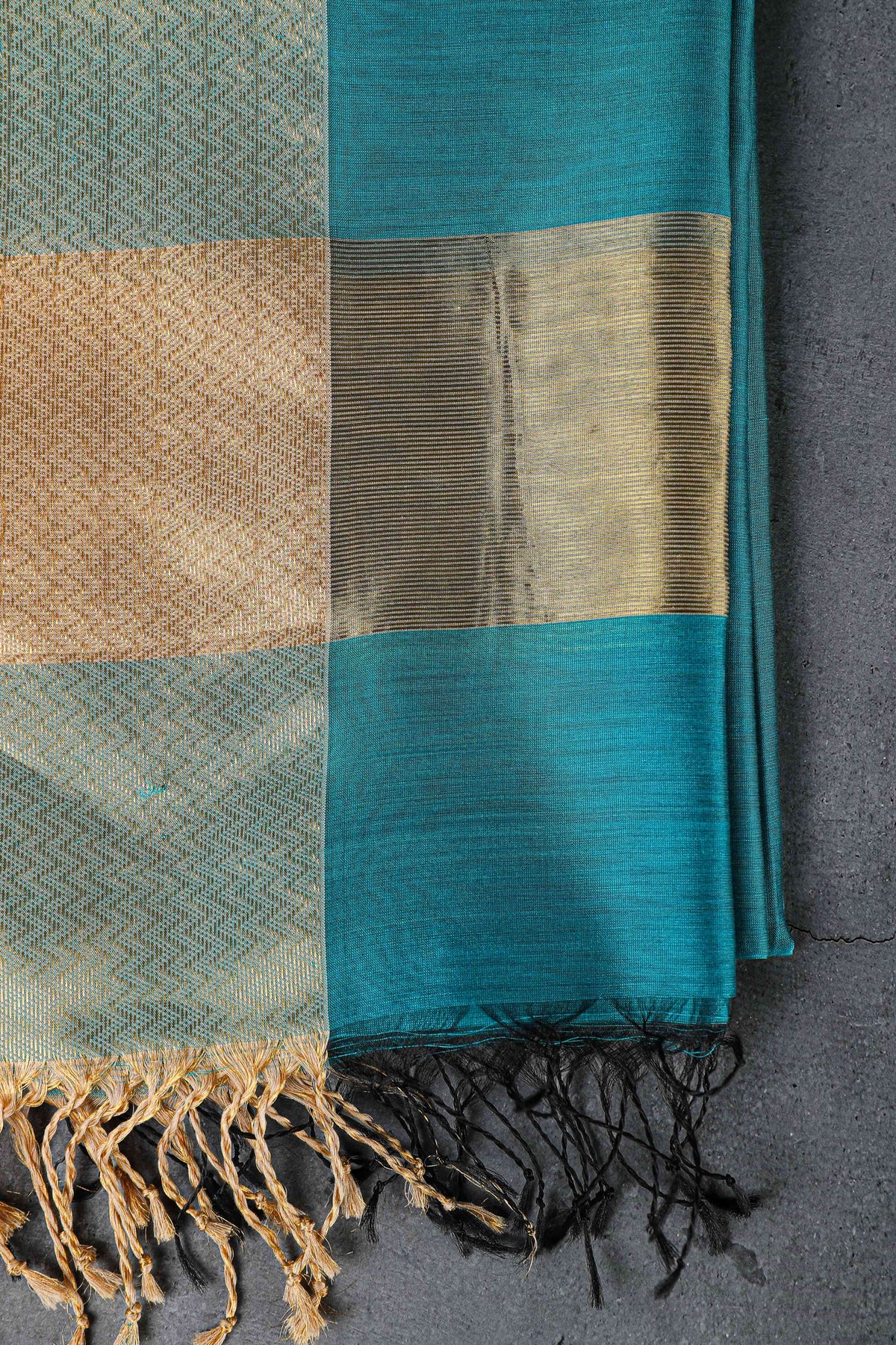 Cotton silk dupatta with big golden zig-zag border, color-Teal