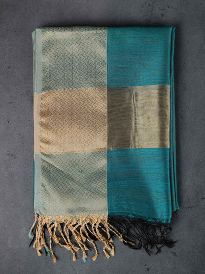 Cotton silk dupatta with big golden zig-zag border, color-Teal