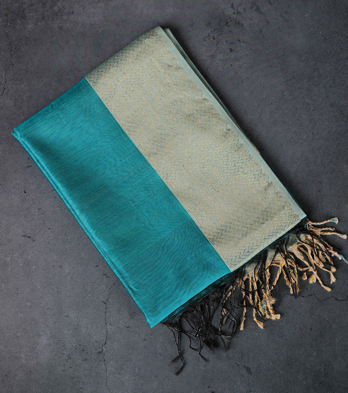 Cotton silk dupatta with big golden zig-zag border, color-Teal