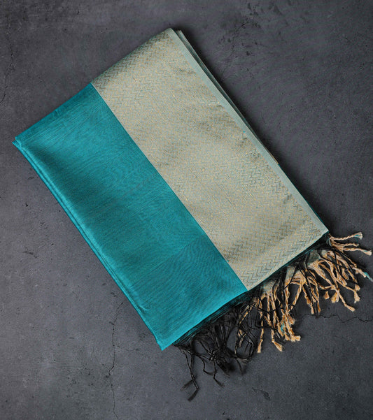 Cotton silk dupatta with big golden zig-zag border, color-Teal