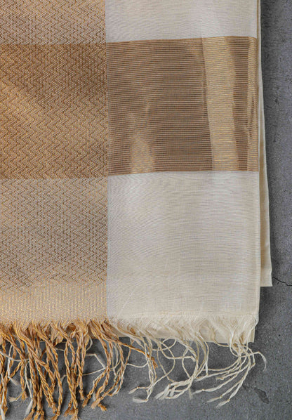 Cotton silk dupatta with broad zig-zag border in golden zari, color-Cream/Golden