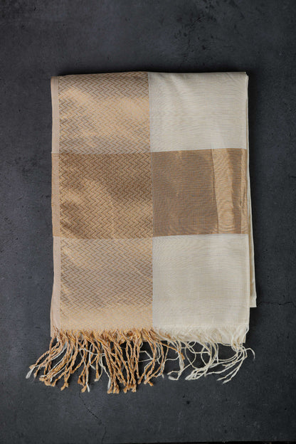Cotton silk dupatta with broad zig-zag border in golden zari, color-Cream/Golden