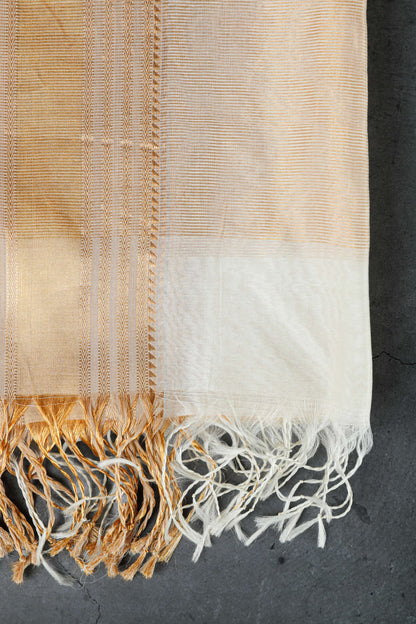 Cotton silk dupatta with big golden zari border, color-beige