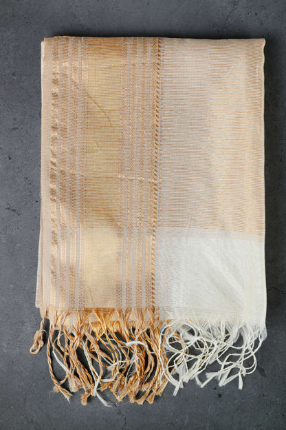 Cotton silk dupatta with big golden zari border, color-beige