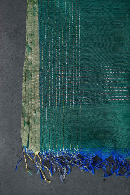 Cotton silk dupatta with big meenakari boota golden, color-Dark green