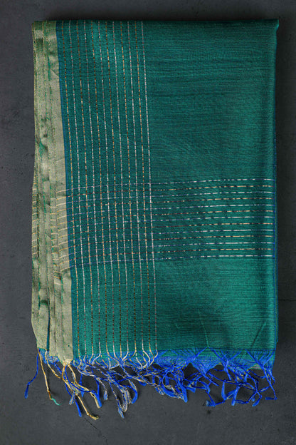 Cotton silk dupatta with big meenakari boota golden, color-Dark green