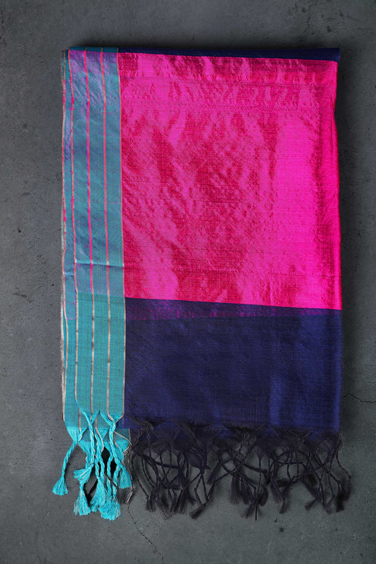 Navy blue & Fuschia dupatta with golden and silver zari round booti allover with turquoise color border, cotton/silk