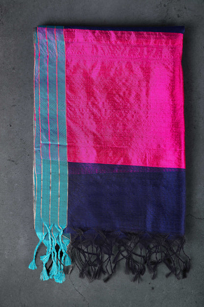 Navy blue & Fuschia dupatta with golden and silver zari round booti allover with turquoise color border, cotton/silk