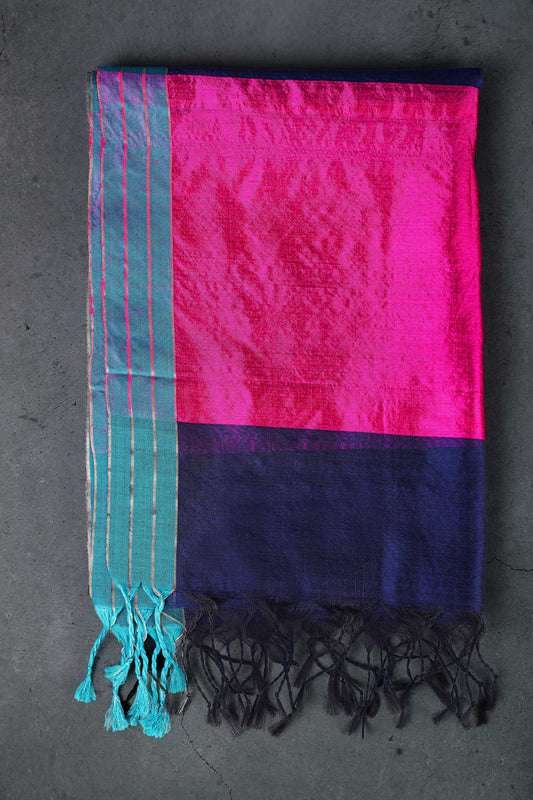 Navy blue & Fuschia dupatta with golden and silver zari round booti allover with turquoise color border, cotton/silk