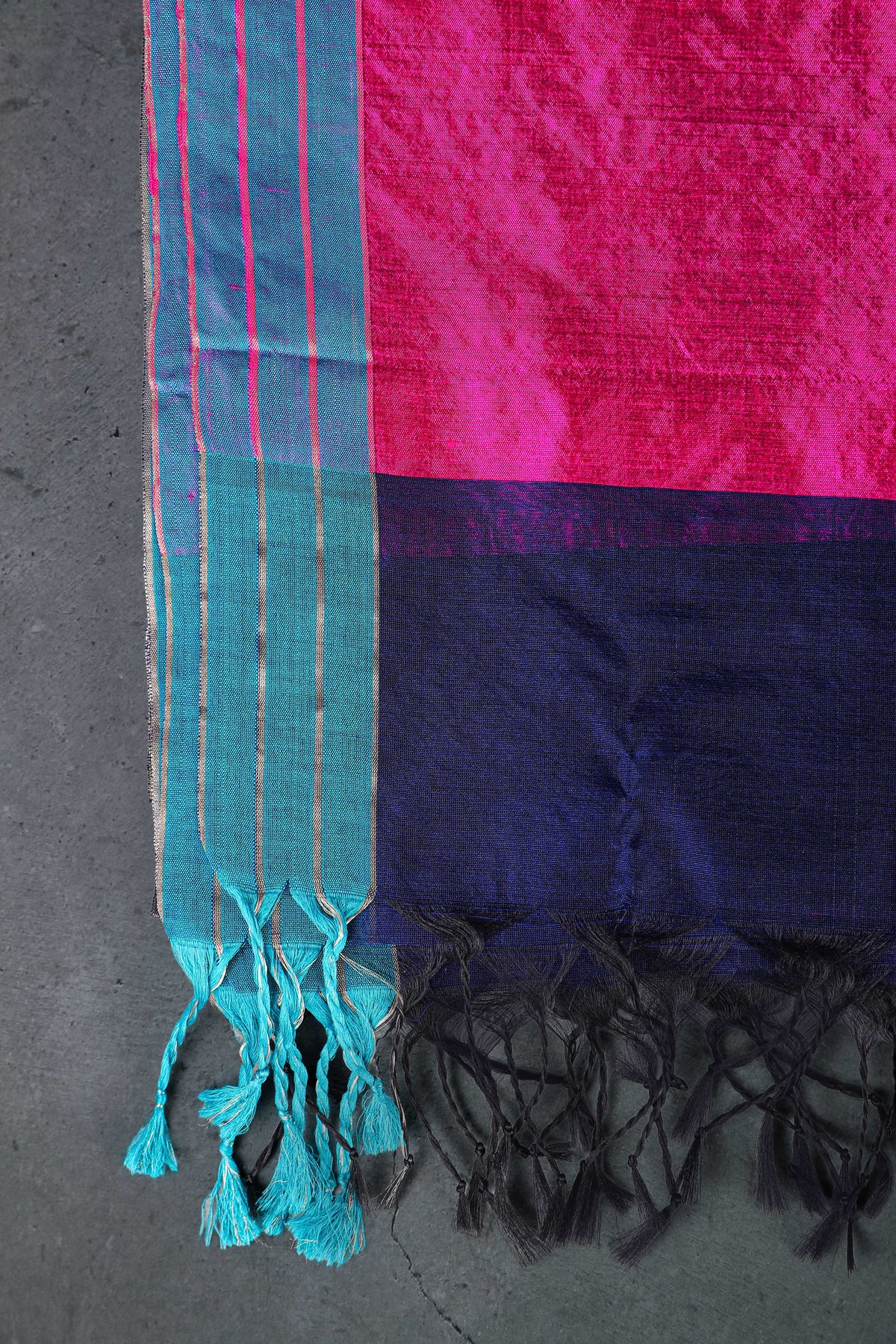 Navy blue & Fuschia dupatta with golden and silver zari round booti allover with turquoise color border, cotton/silk