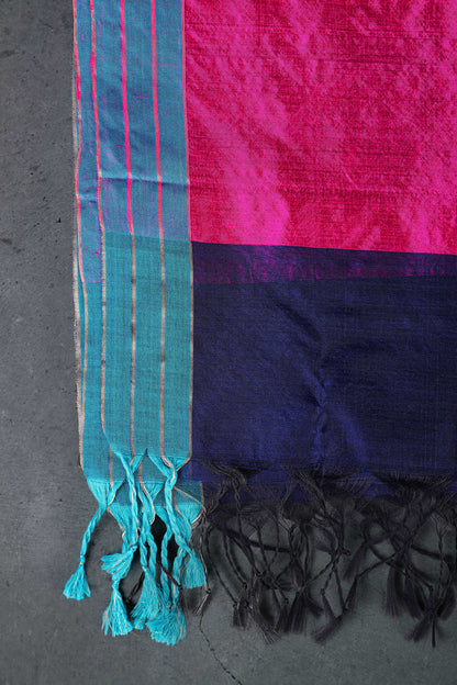 Navy blue & Fuschia dupatta with golden and silver zari round booti allover with turquoise color border, cotton/silk