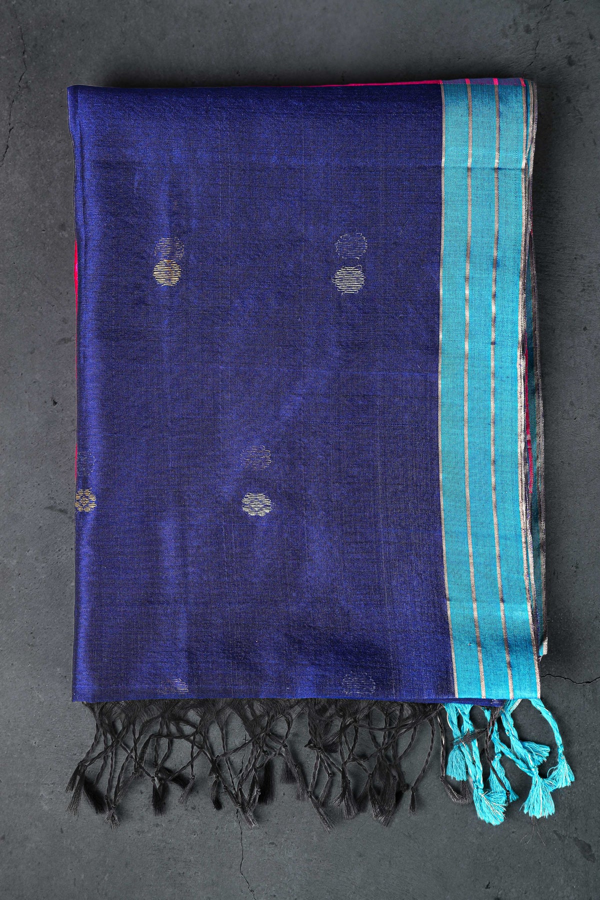 Navy blue & Fuschia dupatta with golden and silver zari round booti allover with turquoise color border, cotton/silk