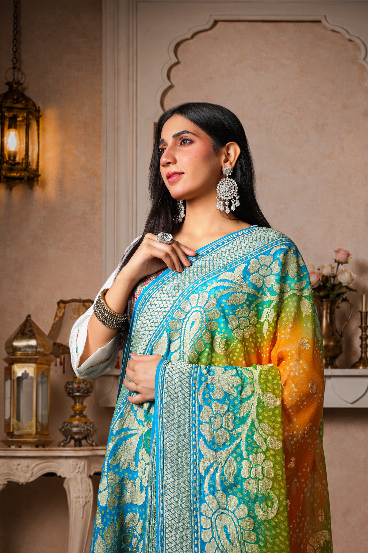 Pushpika – Pure Handwoven Silk Georgette, Rai Bandhani Dupatta with big Floral pattern