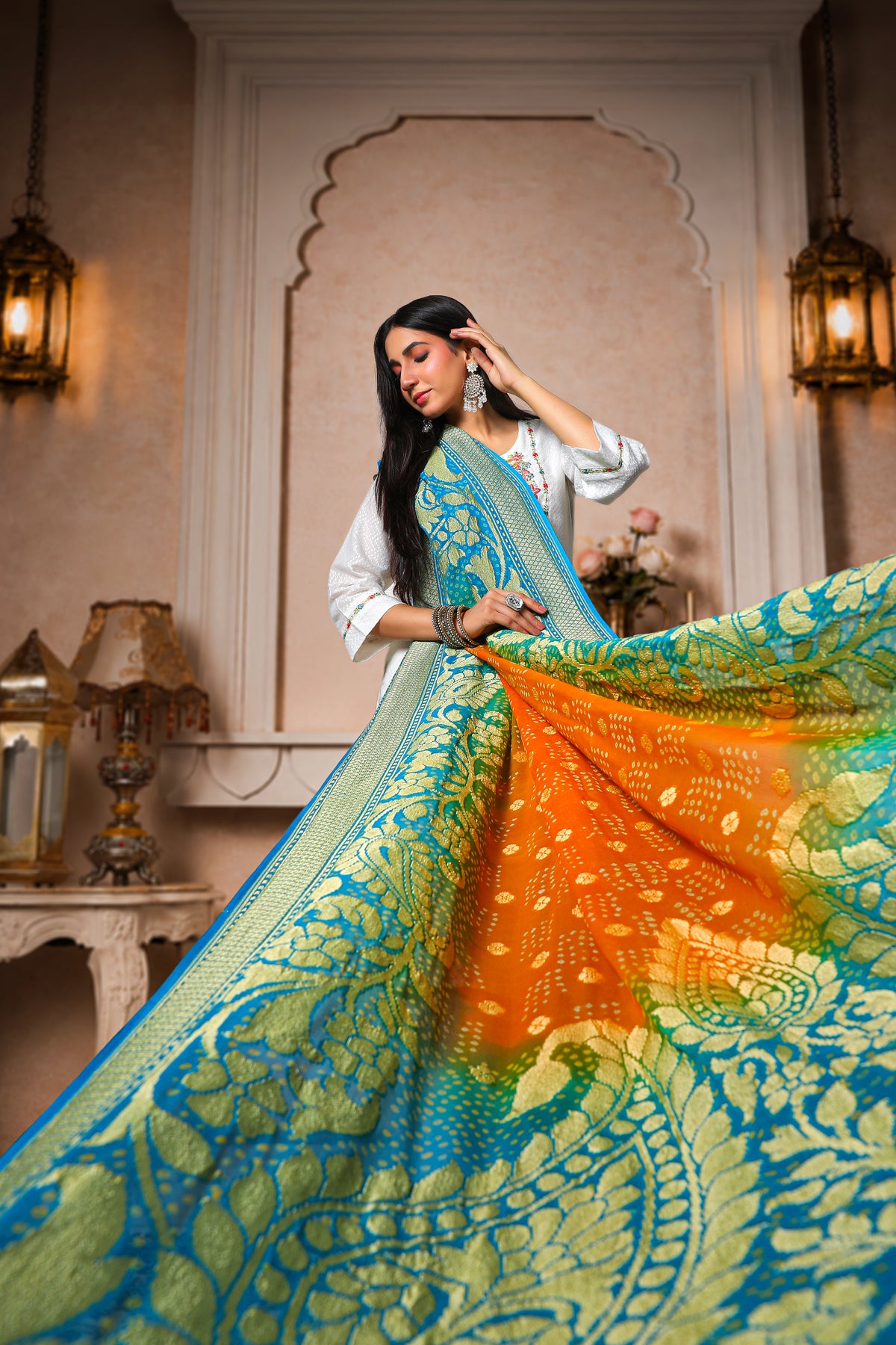 Pushpika – Pure Handwoven Silk Georgette, Rai Bandhani Dupatta with big Floral pattern
