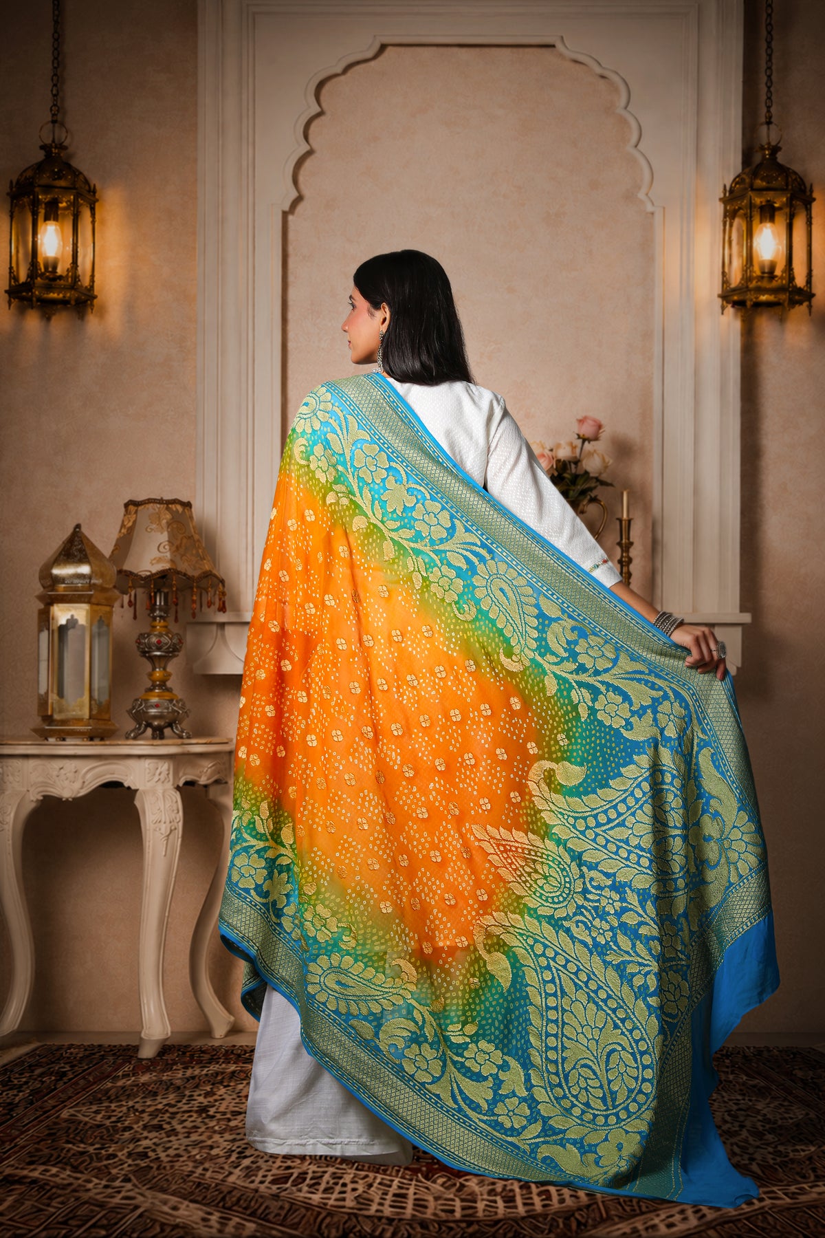 Pushpika – Pure Handwoven Silk Georgette, Rai Bandhani Dupatta with big Floral pattern