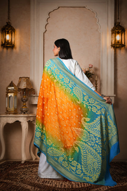 Pushpika – Pure Handwoven Silk Georgette, Rai Bandhani Dupatta with big Floral pattern