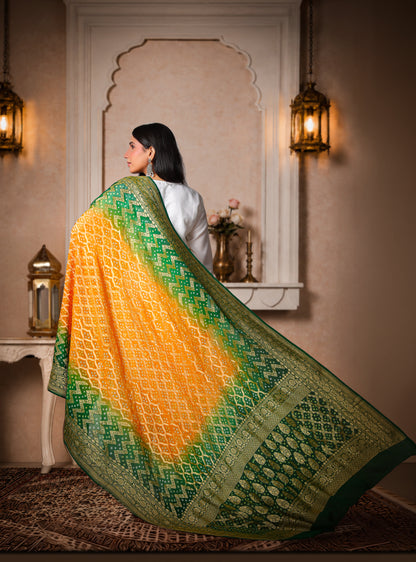 Vasundhara – Pure Handwoven Silk Georgette, Rai Bandhani Dupatta