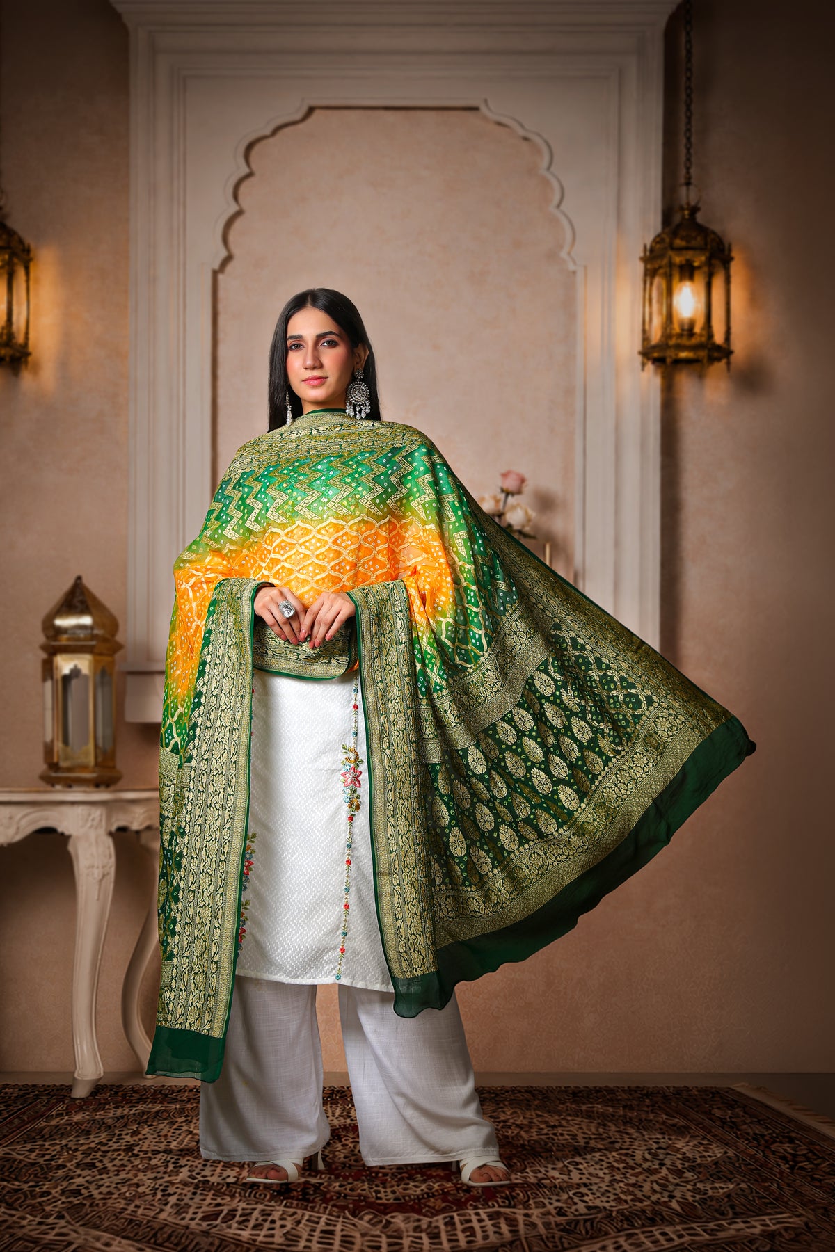 Vasundhara – Pure Handwoven Silk Georgette, Rai Bandhani Dupatta