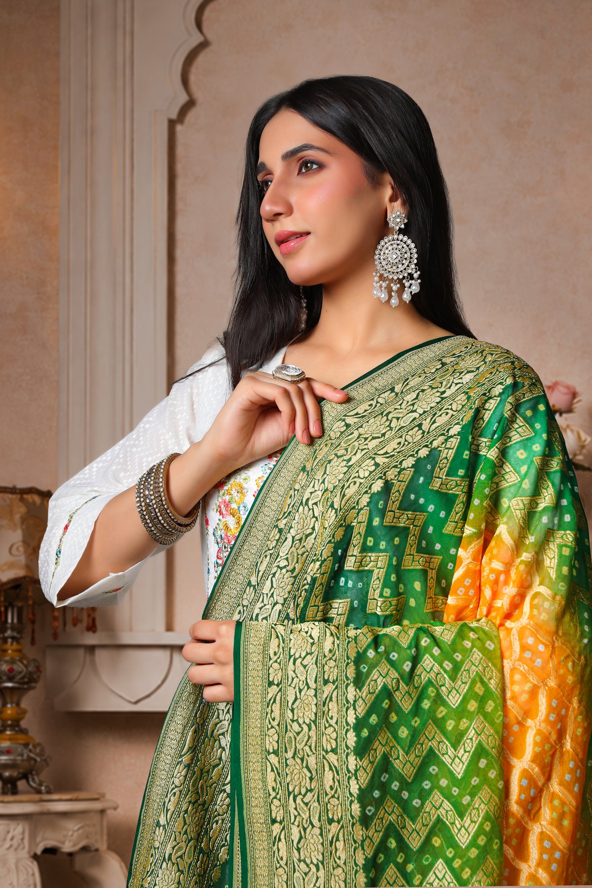 Vasundhara – Pure Handwoven Silk Georgette, Rai Bandhani Dupatta