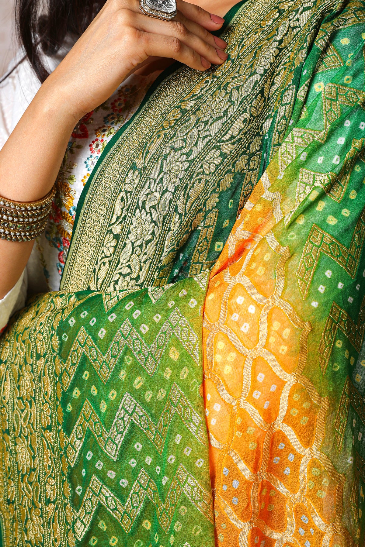 Vasundhara – Pure Handwoven Silk Georgette, Rai Bandhani Dupatta