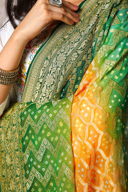 Vasundhara – Pure Handwoven Silk Georgette, Rai Bandhani Dupatta