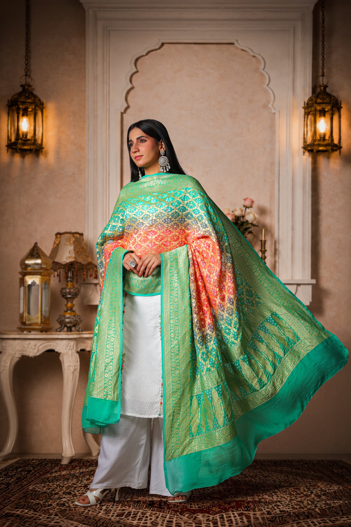 Madhumalti – Pure Handwoven Silk Georgette, Rai Bandhani Dupatta