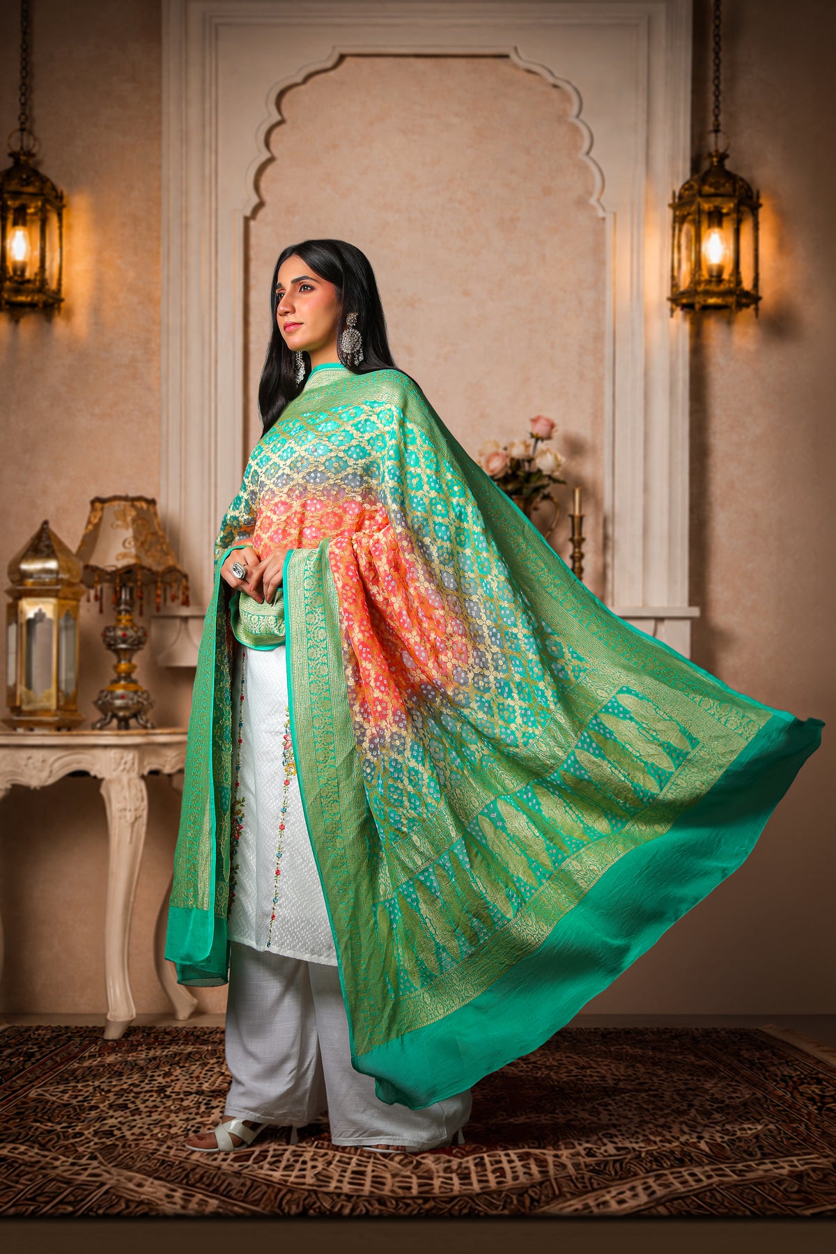 Madhumalti – Pure Handwoven Silk Georgette, Rai Bandhani Dupatta