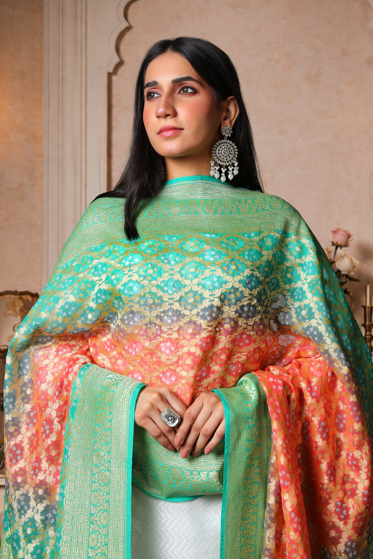 Madhumalti – Pure Handwoven Silk Georgette, Rai Bandhani Dupatta