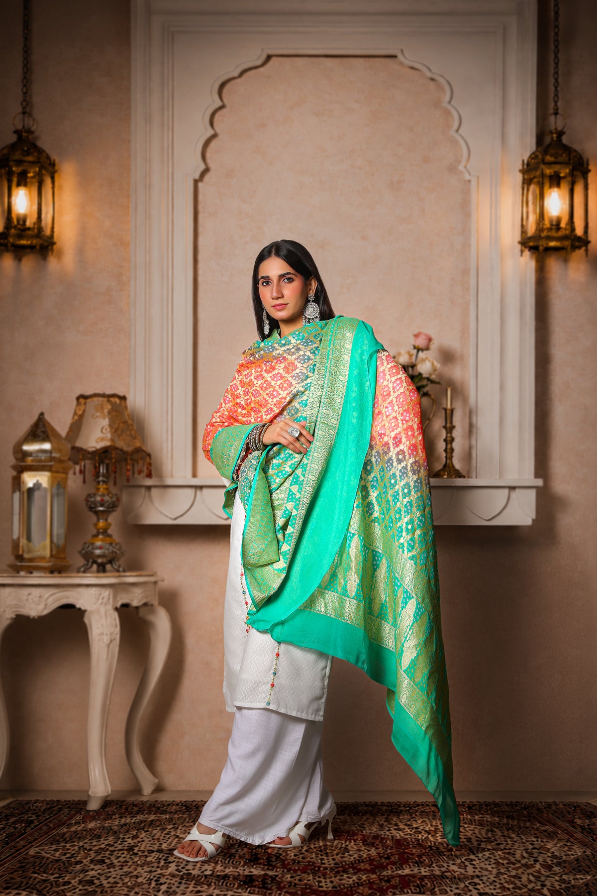Madhumalti – Pure Handwoven Silk Georgette, Rai Bandhani Dupatta