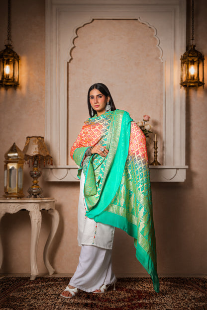 Madhumalti – Pure Handwoven Silk Georgette, Rai Bandhani Dupatta