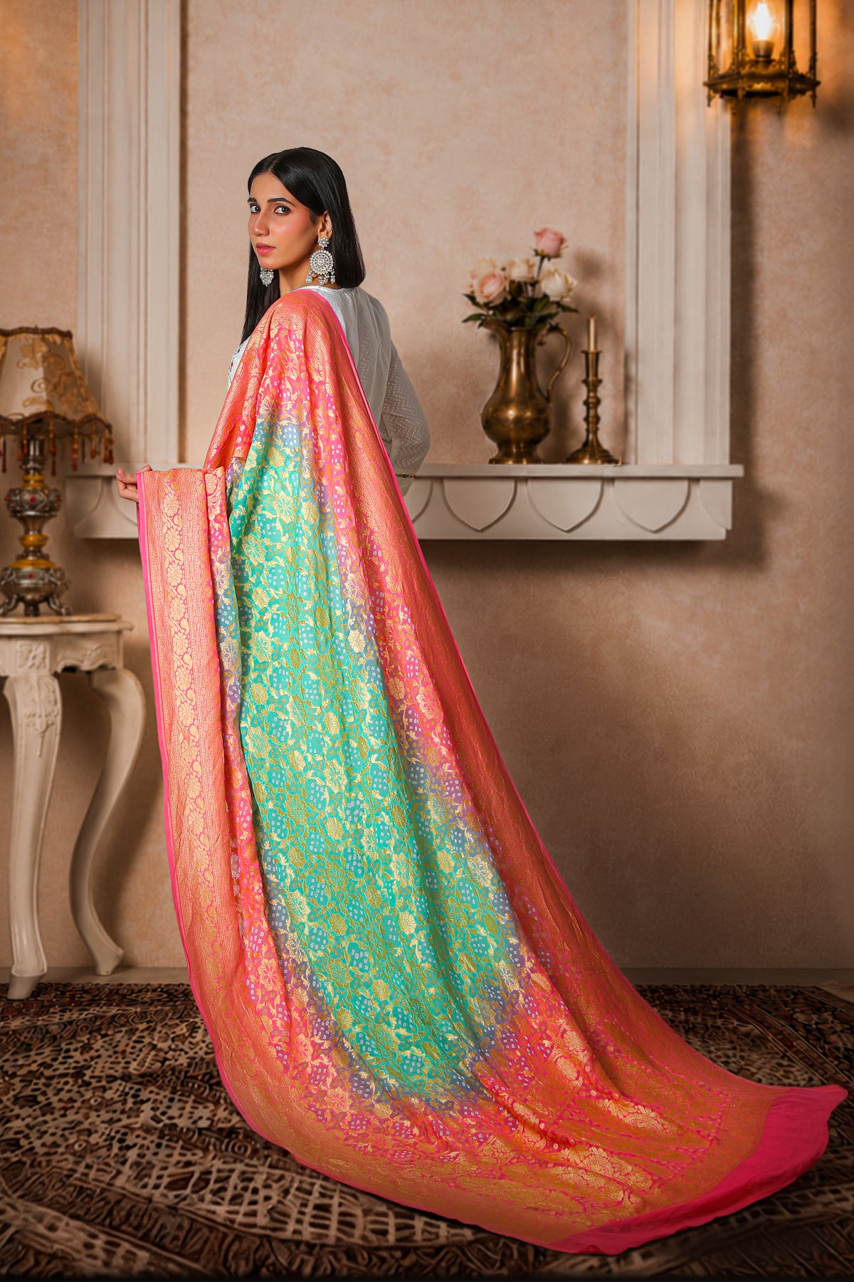 Gulbahar – Pure Handwoven Silk Georgette, Rai Bandhani Dupatta