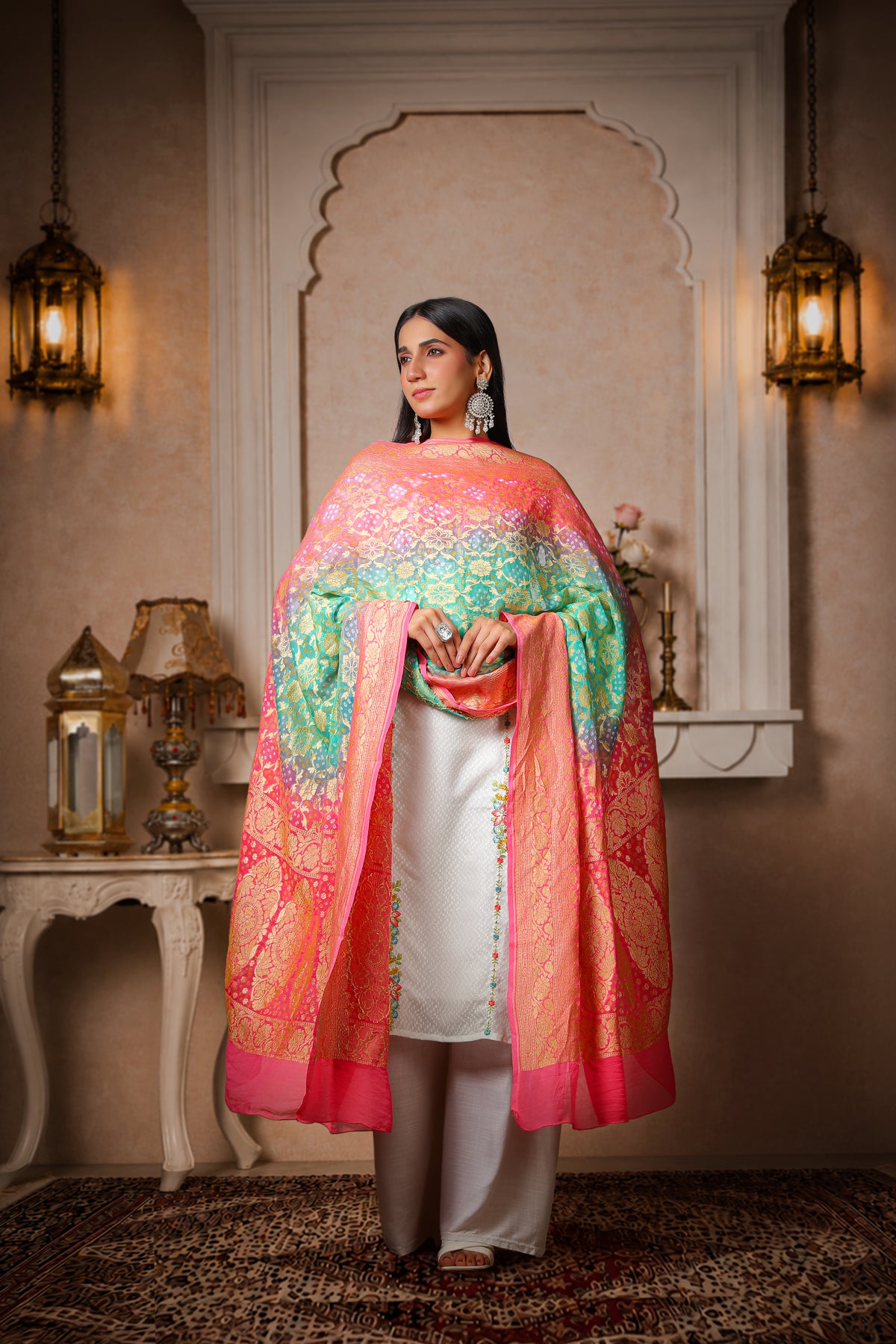 Gulbahar – Pure Handwoven Silk Georgette, Rai Bandhani Dupatta