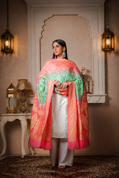 Gulbahar – Pure Handwoven Silk Georgette, Rai Bandhani Dupatta