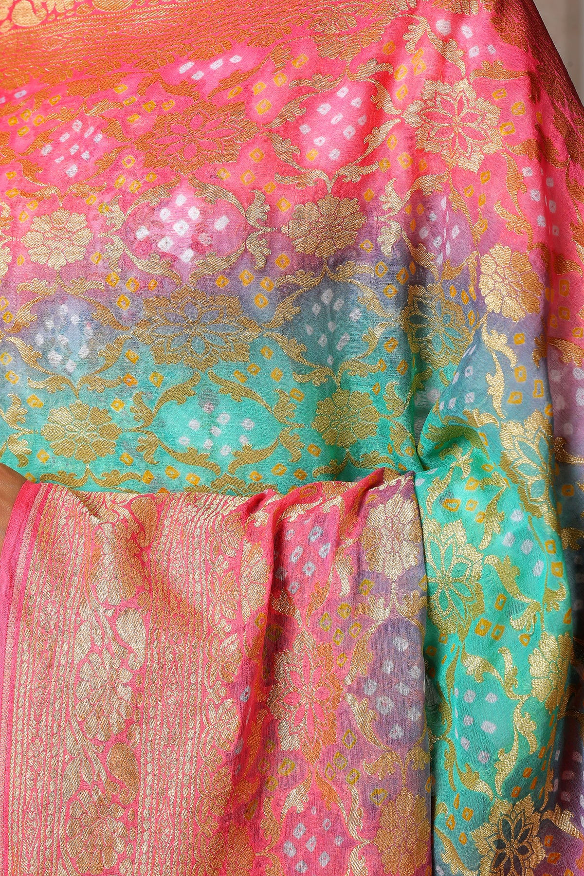 Gulbahar – Pure Handwoven Silk Georgette, Rai Bandhani Dupatta