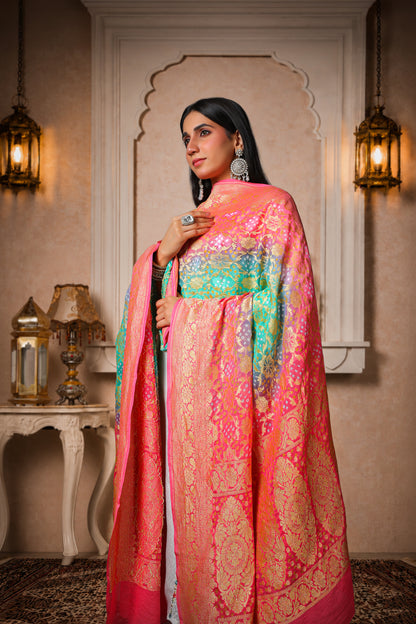 Gulbahar – Pure Handwoven Silk Georgette, Rai Bandhani Dupatta