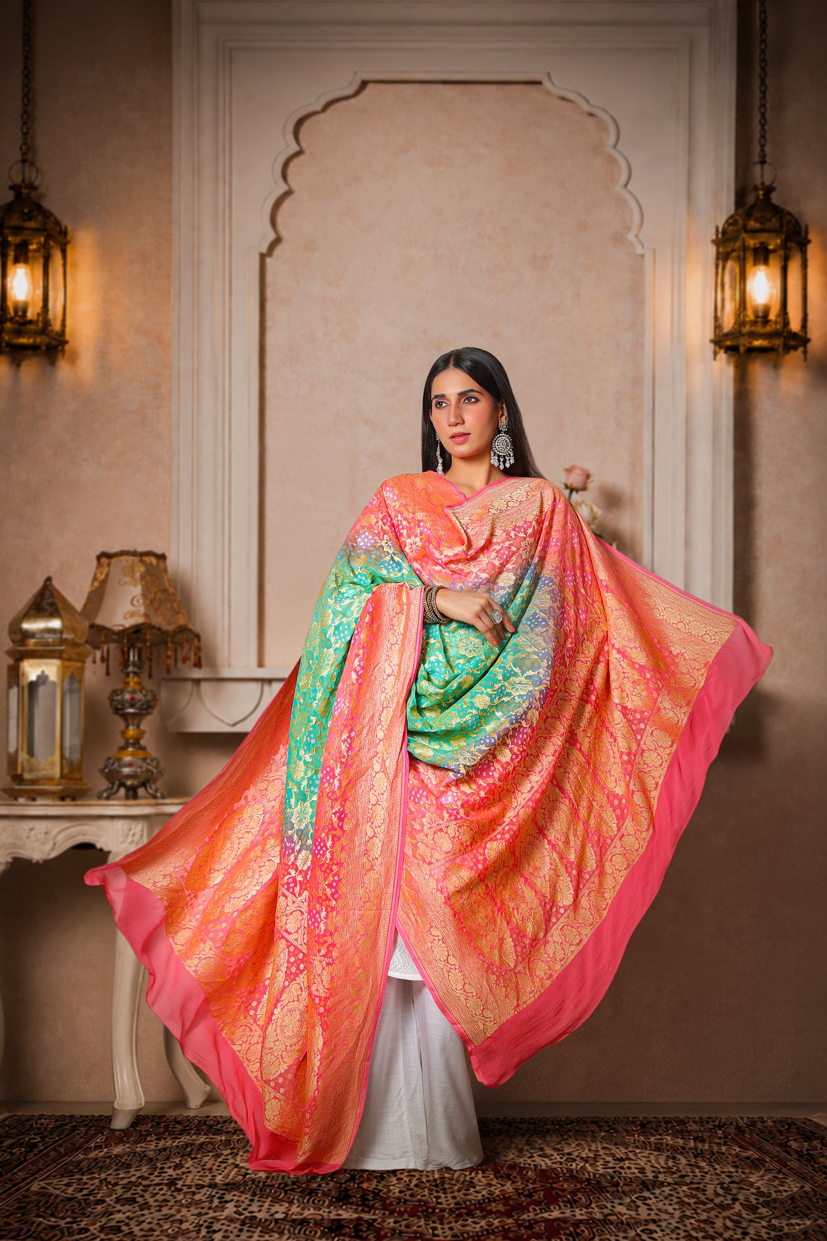 Gulbahar – Pure Handwoven Silk Georgette, Rai Bandhani Dupatta