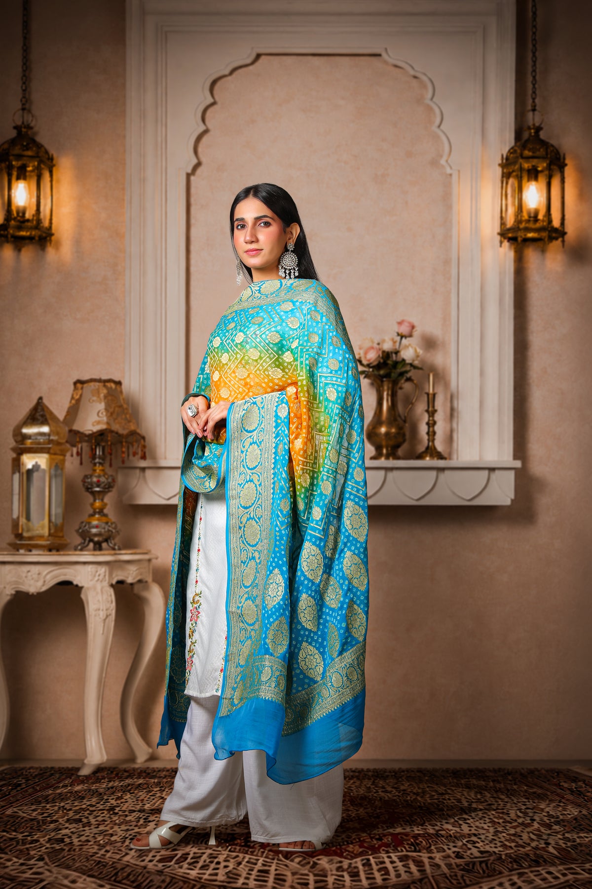 Bindu – Pure Handwoven Silk Georgette, Rai Bandhani Dupatta with Round Booti