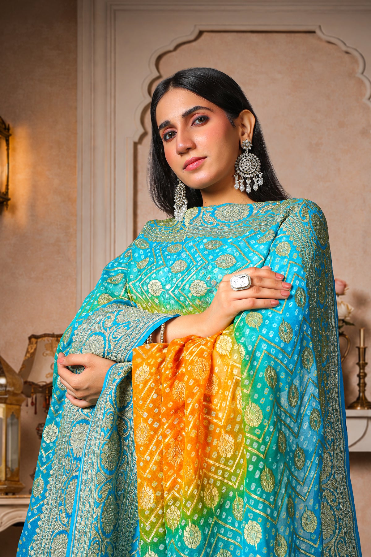 Bindu – Pure Handwoven Silk Georgette, Rai Bandhani Dupatta with Round Booti