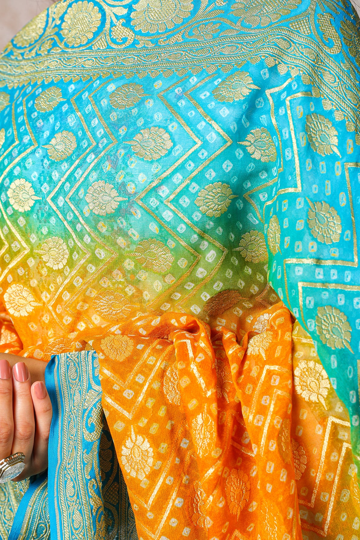 Bindu – Pure Handwoven Silk Georgette, Rai Bandhani Dupatta with Round Booti