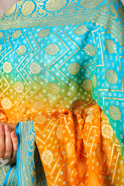 Bindu – Pure Handwoven Silk Georgette, Rai Bandhani Dupatta with Round Booti