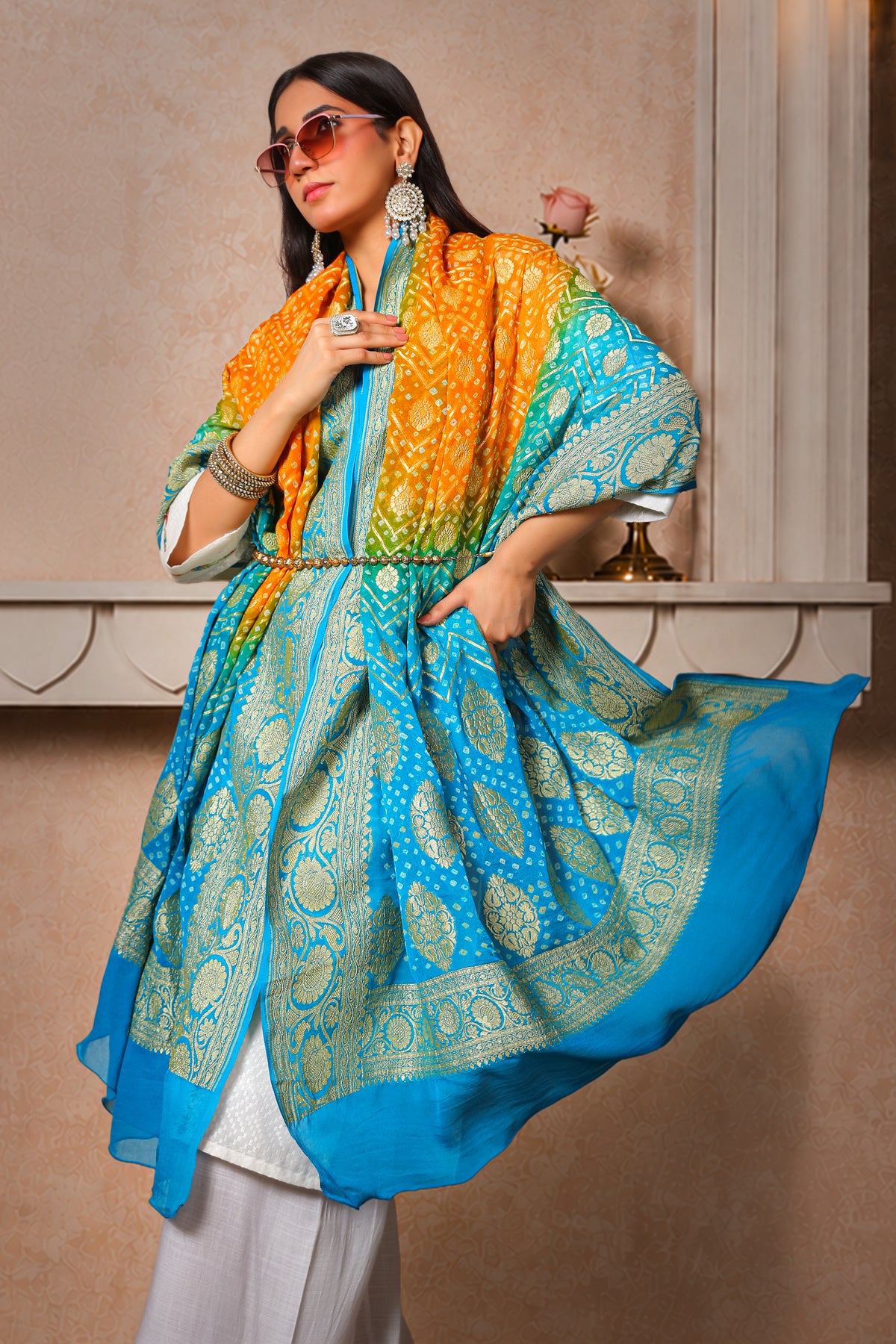 Bindu – Pure Handwoven Silk Georgette, Rai Bandhani Dupatta with Round Booti