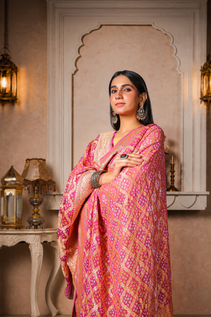 Gulnaar – Pure Handwoven Silk Georgette, Rai Bandhani Dupatta