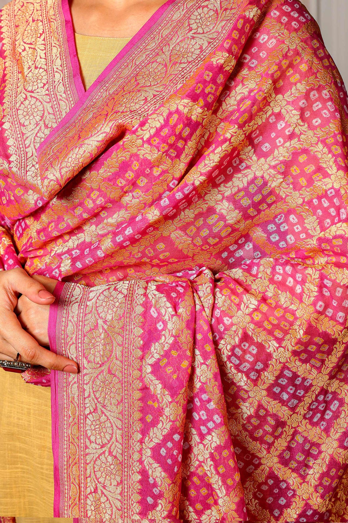 Gulnaar – Pure Handwoven Silk Georgette, Rai Bandhani Dupatta