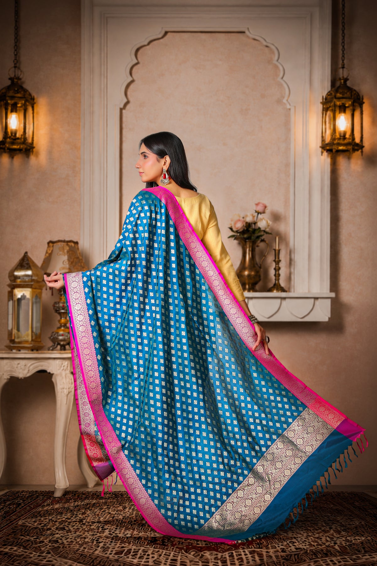 Indraneel – Pure Silk Banarasi Dupatta, Blue with Magenta
