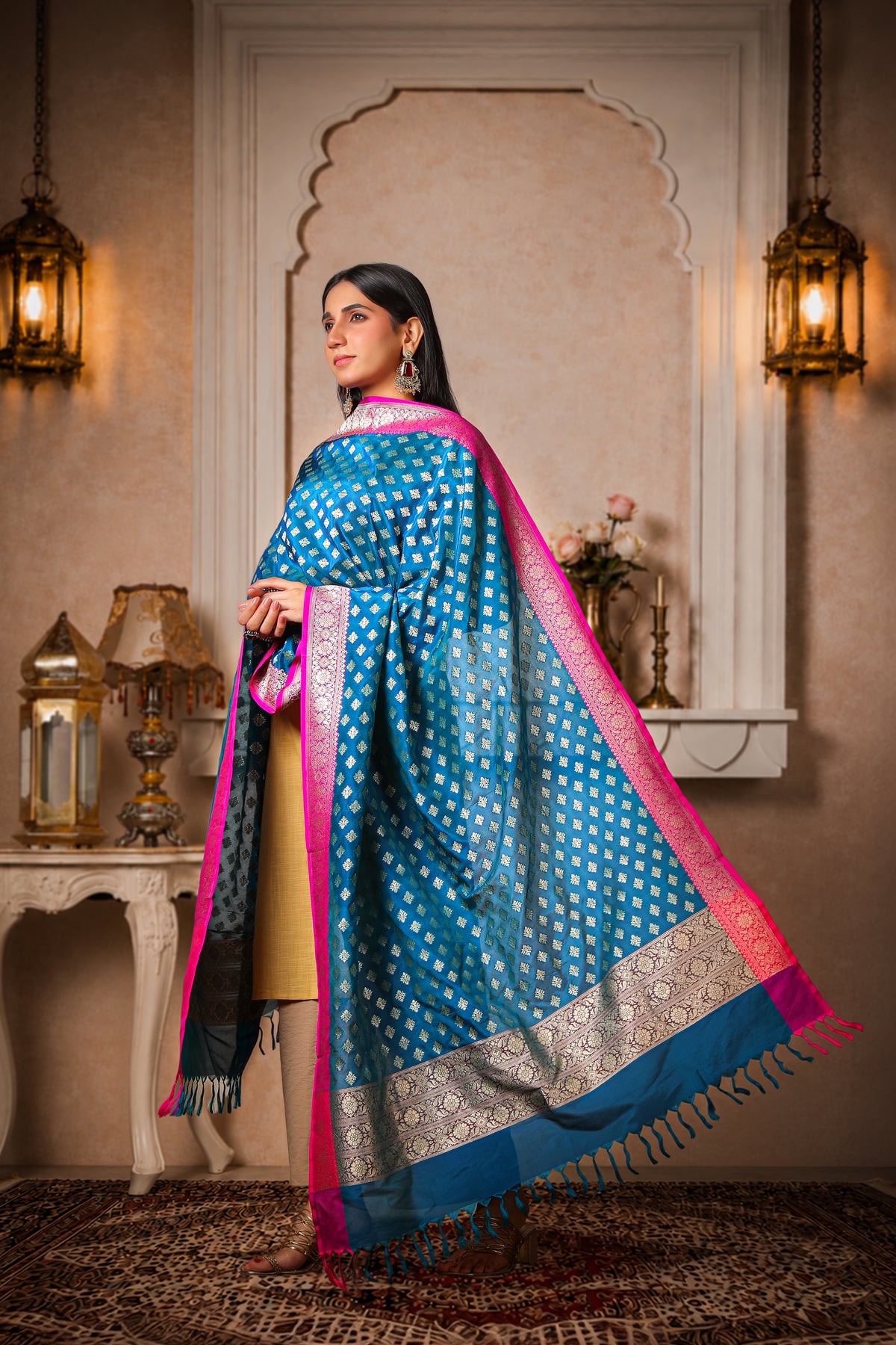 Indraneel – Pure Silk Banarasi Dupatta, Blue with Magenta