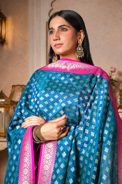 Indraneel – Pure Silk Banarasi Dupatta, Blue with Magenta