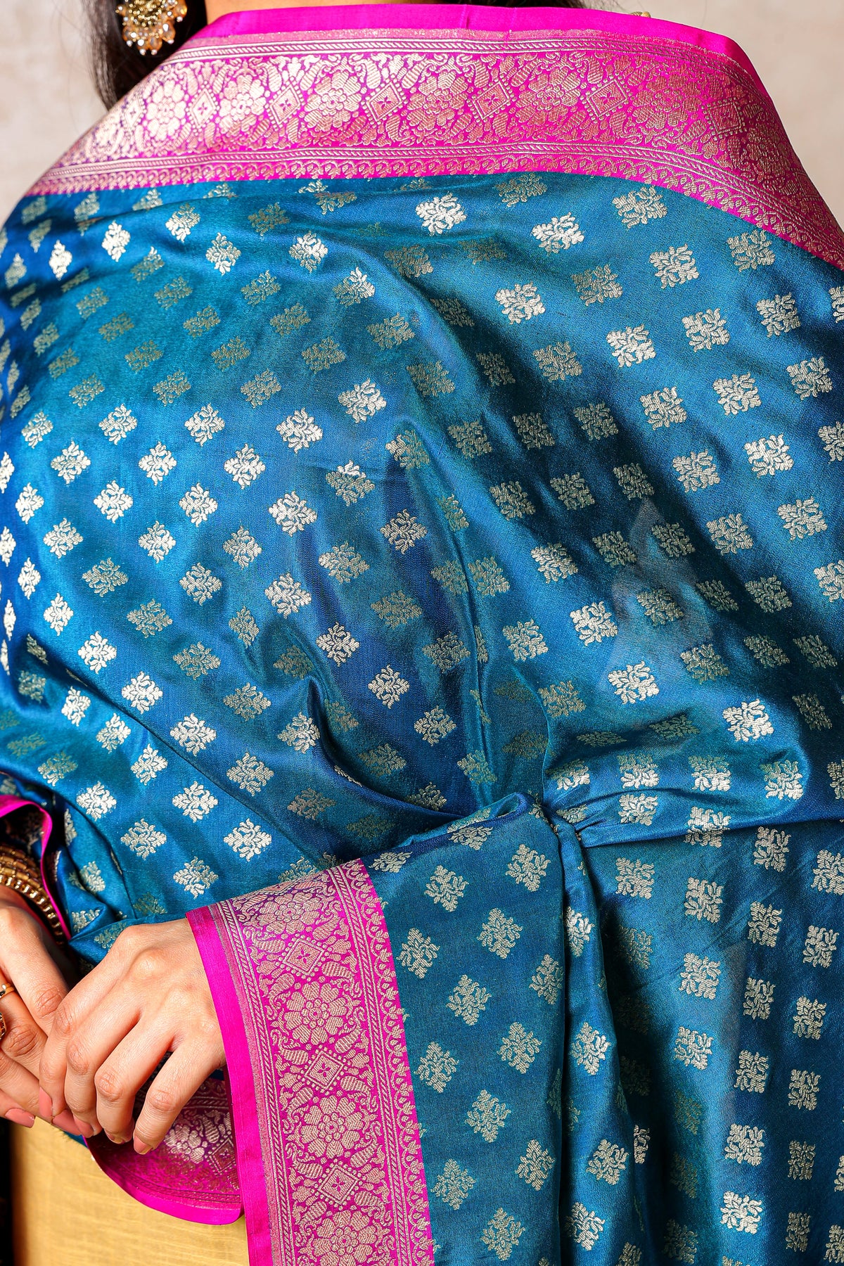 Indraneel – Pure Silk Banarasi Dupatta, Blue with Magenta