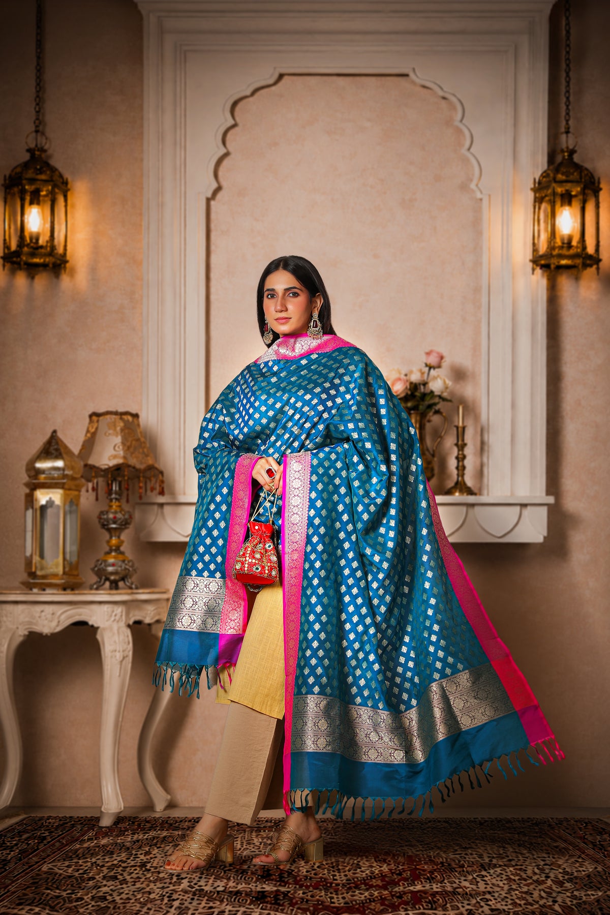 Indraneel – Pure Silk Banarasi Dupatta, Blue with Magenta
