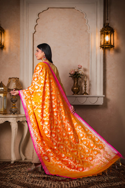 Agni – 100% Pure Silk Banarasi Dupatta in Rust Orange & Magenta